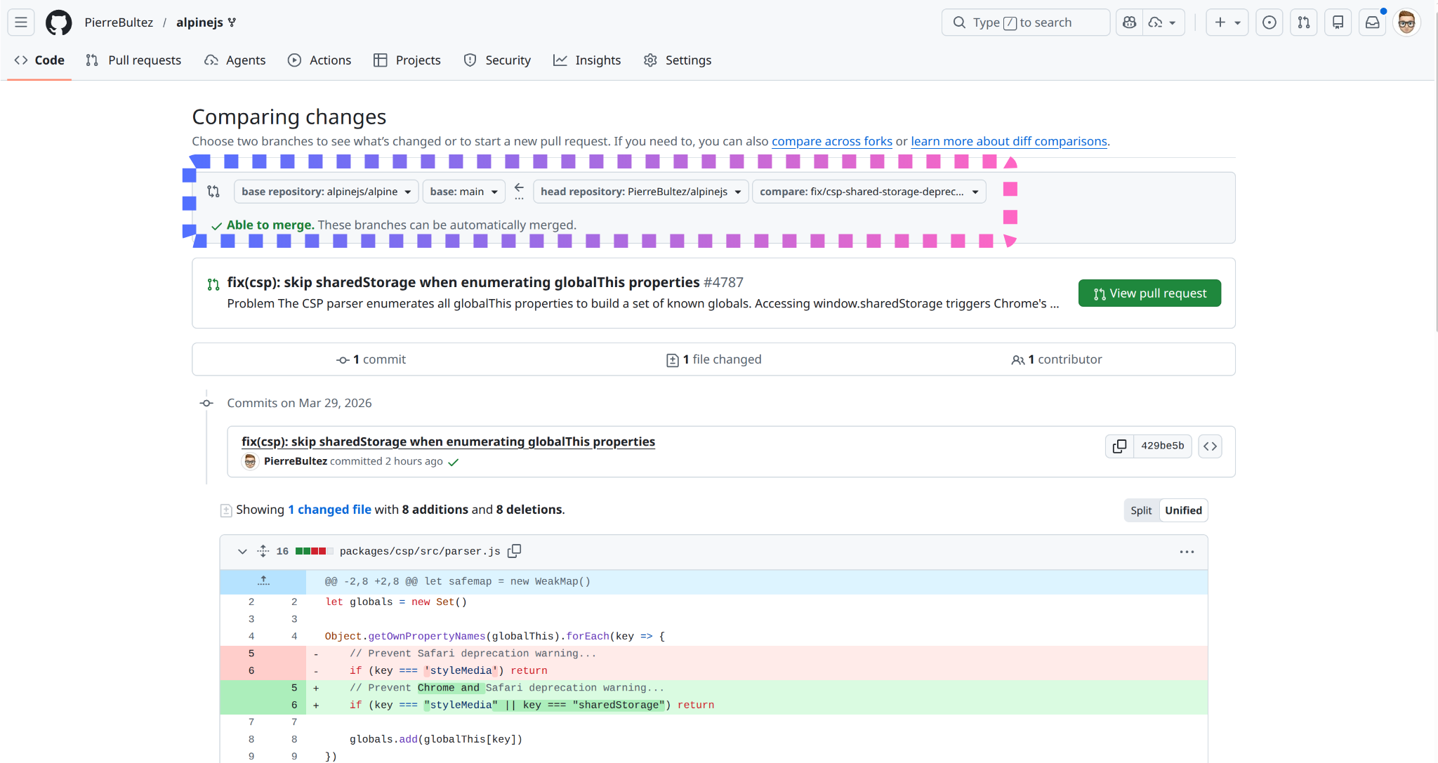Aperçu d'une pull request sur GitHub