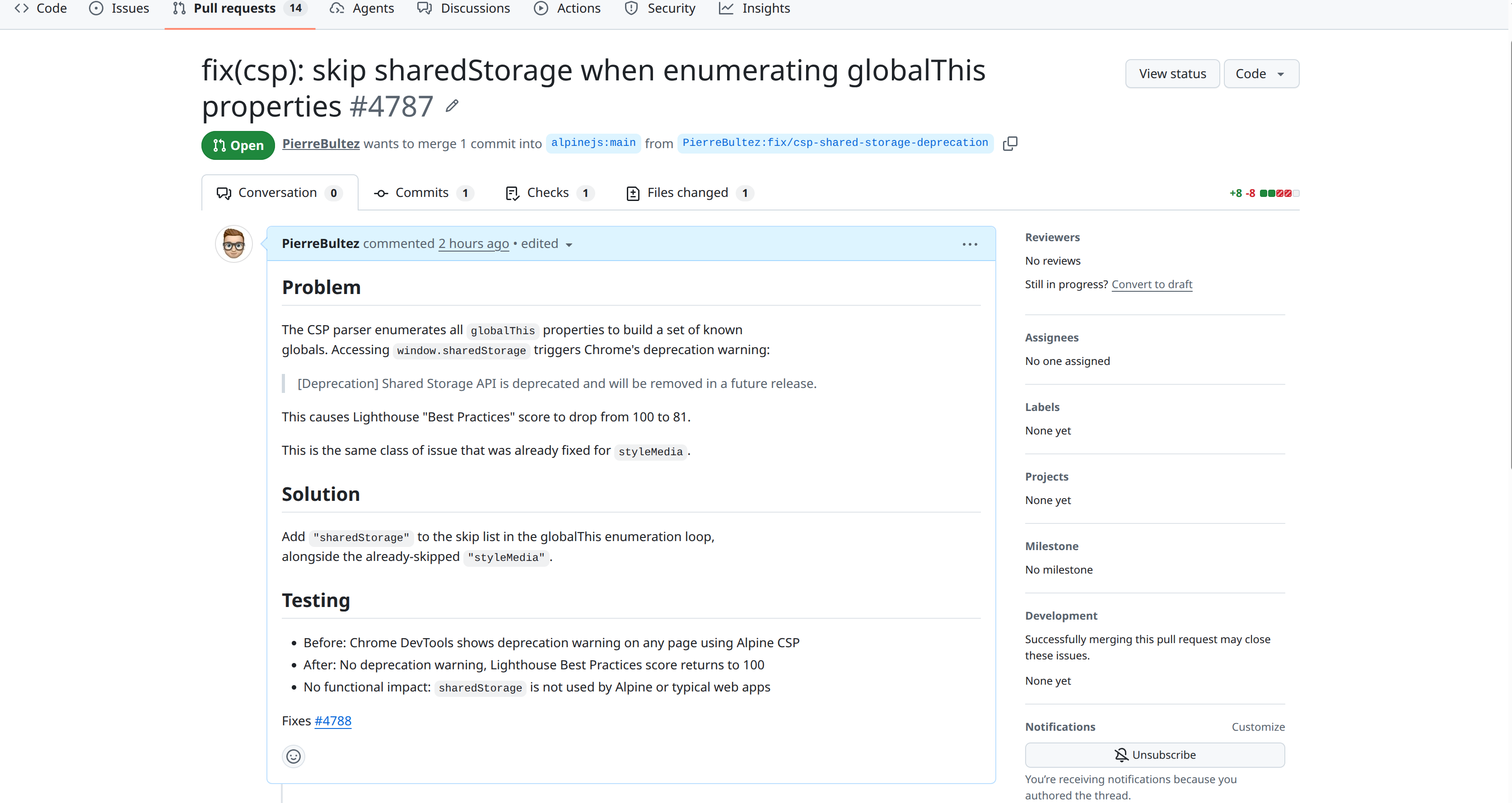 détail d'une pull request sur github